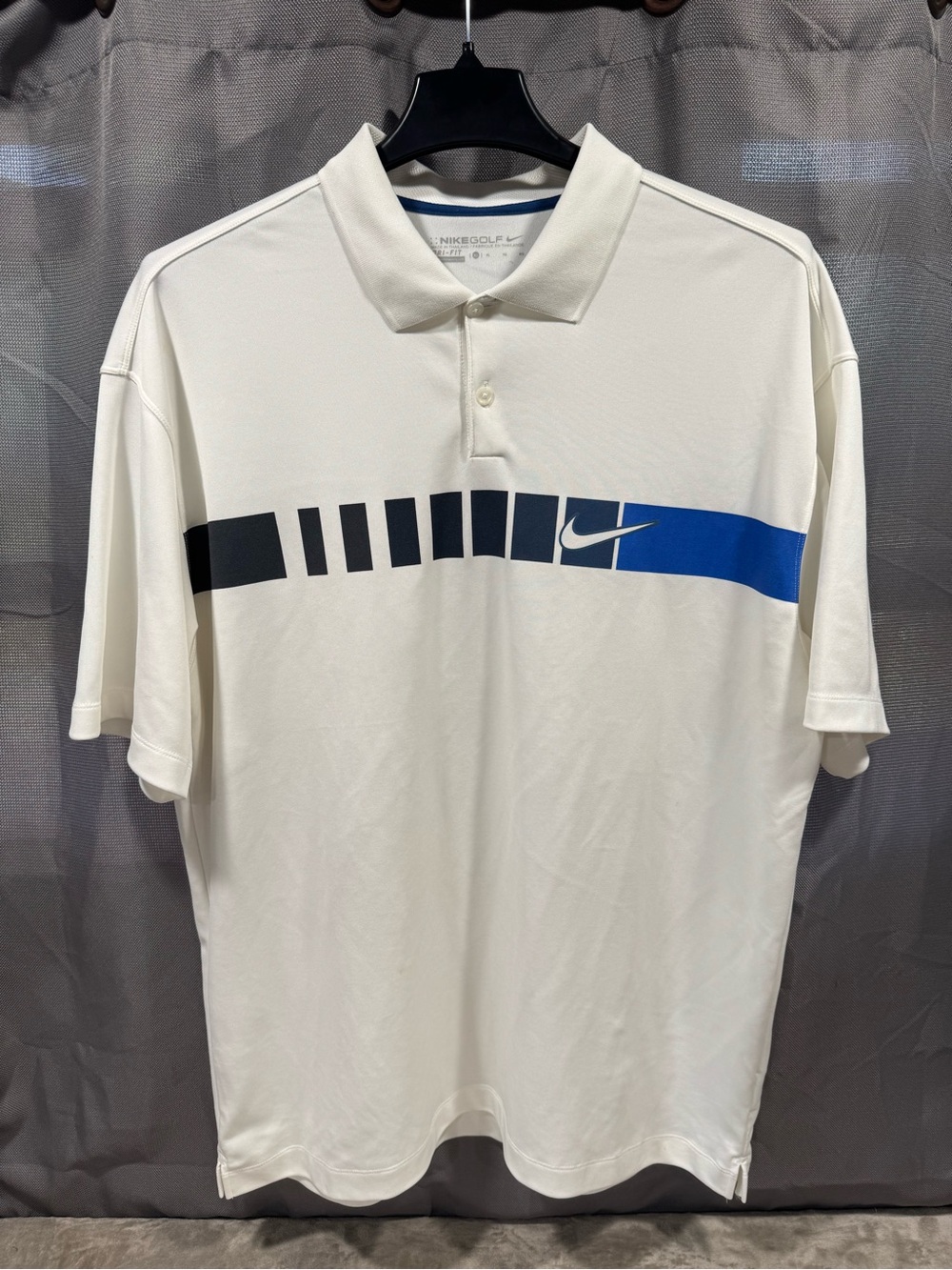 Nike Golf White Polo Shirt with Black and Blue Chest Stripe